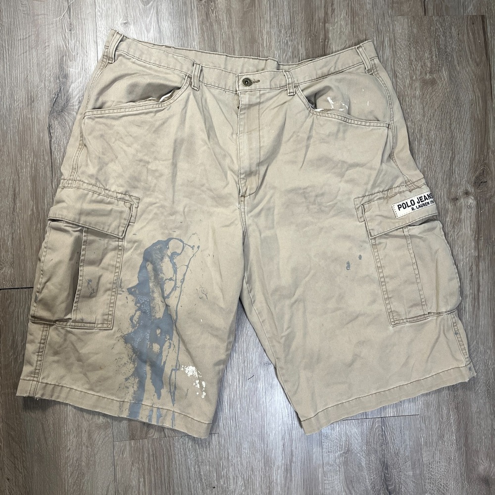 Polo Jeans Ralph Lauren 14" Cargo Shorts Tan Khaki Size 34 Distress Paint Cotton